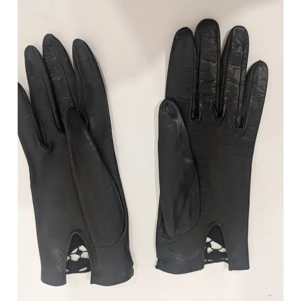 Vintage 1950s Black Soft Kidskin Leather Gloves Crochet Lace Inset Cutout Wrist